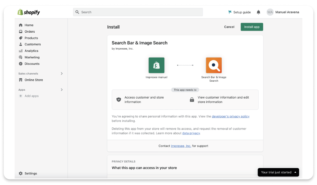 Impresee's Smart Search Bar app on Shopify - step 1